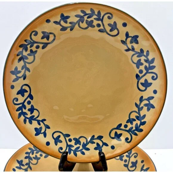 LIDIA Bastianich Hand Painted 9.5" Pasta Bowls Tan w/ Blue Trim Design Set of 2 - Picture 2 of 4